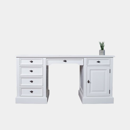 123schrank English Desk Philine - 160x70x79H cm - ausziehbare Tastaturplatte - 5 Soft-Close-Schubladen - 1 geschlossene Flügeltür - klassisch