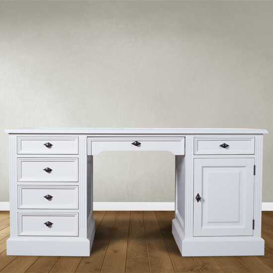 123schrank English Desk Philine - 160x70x79H cm - ausziehbare Tastaturplatte - 5 Soft-Close-Schubladen - 1 geschlossene Flügeltür - klassisch