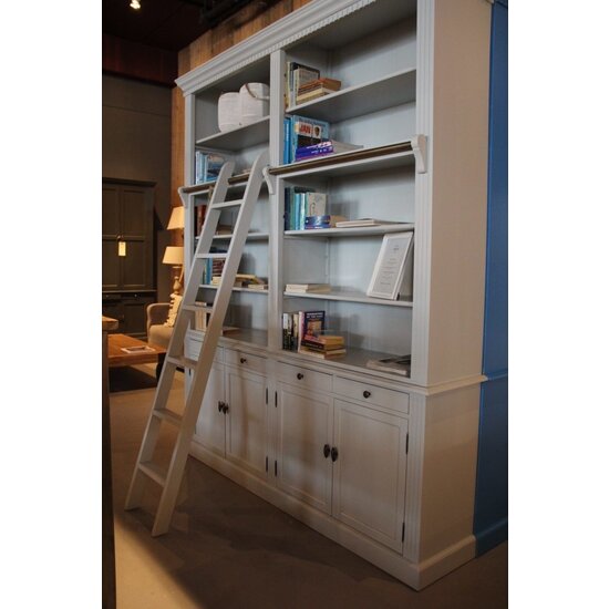 123schrank Privatbibliothek - Bücherregal - 200x43x240H cm - mit Stange und Leiter - verstellbare Einlegeböden - 10 Einlegeböden - 4 Schubladen - 4 geschlossene Flügeltüren