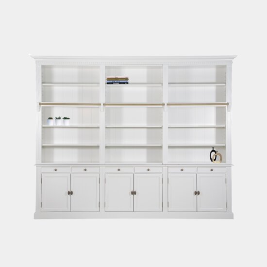 123schrank Privatbibliothek - Bücherregal - zerlegbar - 300x43x240H cm - mit Stange und Leiter - verstellbare Einlegeböden - 15 Einlegeböden - 6 Schubladen - 6 geschlossene Flügeltüren