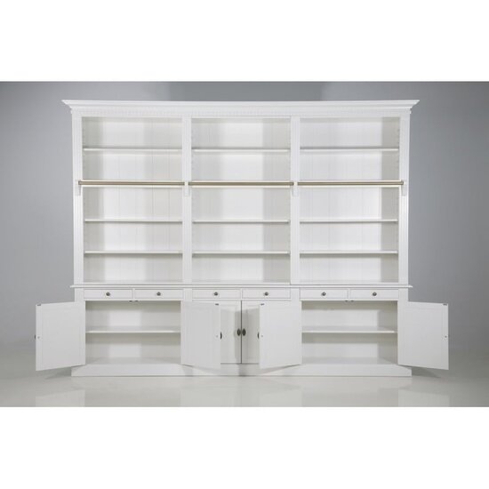 123schrank Privatbibliothek - Bücherregal - zerlegbar - 300x43x240H cm - mit Stange und Leiter - verstellbare Einlegeböden - 15 Einlegeböden - 6 Schubladen - 6 geschlossene Flügeltüren