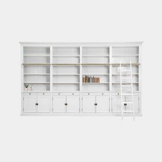 123schrank Privatbibliothek - Bücherregal - 400x43x240H cm - zerlegbar - mit Stange und Leiter - verstellbare Einlegeböden - 20 Einlegeböden - 8 Schubladen - 8 geschlossene Flügeltüren