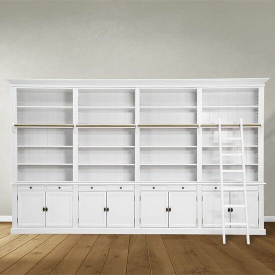 123schrank Privatbibliothek - Bücherregal - 400x43x240H cm - zerlegbar - mit Stange und Leiter - verstellbare Einlegeböden - 20 Einlegeböden - 8 Schubladen - 8 geschlossene Flügeltüren