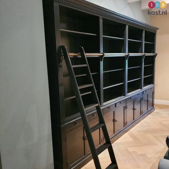 123schrank Privatbibliothek - Bücherregal - 400x43x240H cm - zerlegbar - mit Stange und Leiter - verstellbare Einlegeböden - 20 Einlegeböden - 8 Schubladen - 8 geschlossene Flügeltüren