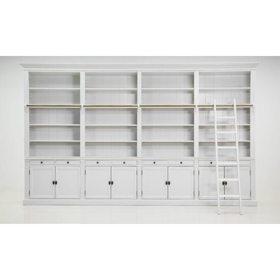 123schrank Privatbibliothek - Bücherregal - 400x43x240H cm - zerlegbar - mit Stange und Leiter - verstellbare Einlegeböden - 20 Einlegeböden - 8 Schubladen - 8 geschlossene Flügeltüren