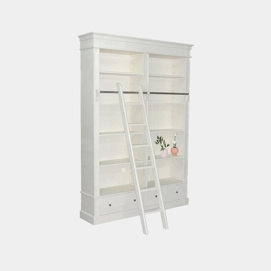123schrank Brighton Bibliothek - Bücherregal - 171x43x240H cm - zerlegbar - mit Stange und Leiter - 8 verstellbare Einlegeböden - 2 Soft-Close-Schubladen