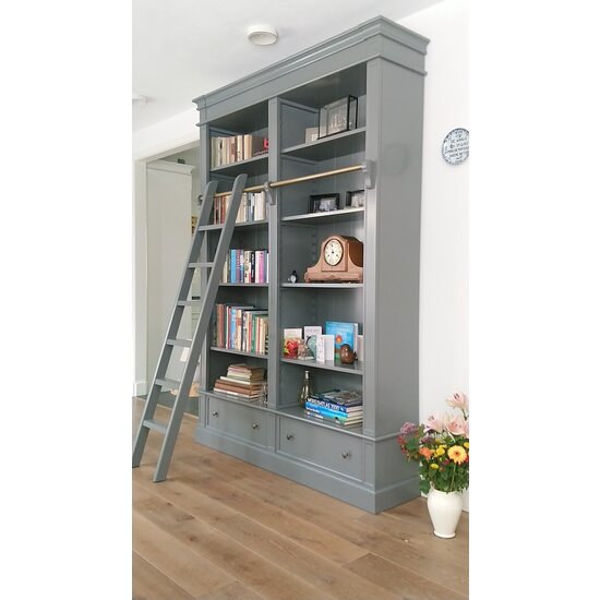 123schrank Brighton Bibliothek - Bücherregal - 171x43x240H cm - zerlegbar - mit Stange und Leiter - 8 verstellbare Einlegeböden - 2 Soft-Close-Schubladen