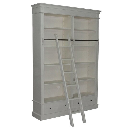 123schrank Brighton Bibliothek - Bücherregal - 171x43x240H cm - zerlegbar - mit Stange und Leiter - 8 verstellbare Einlegeböden - 2 Soft-Close-Schubladen