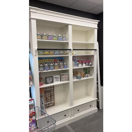 123schrank Brighton Bibliothek - Bücherregal - 171x43x240H cm - zerlegbar - mit Stange und Leiter - 8 verstellbare Einlegeböden - 2 Soft-Close-Schubladen