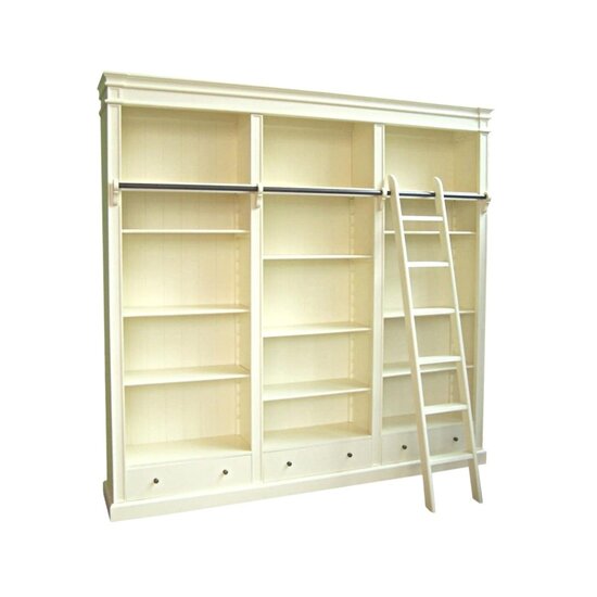 123schrank Brighton Bibliothek - Bücherregal - 250x40x240H cm - zerlegbar - mit Stange und Leiter - 12 verstellbare Einlegeböden - 3 Soft-Close-Schubladen