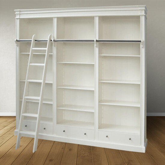 123schrank Brighton Bibliothek - Bücherregal - 250x40x240H cm - zerlegbar - mit Stange und Leiter - 12 verstellbare Einlegeböden - 3 Soft-Close-Schubladen
