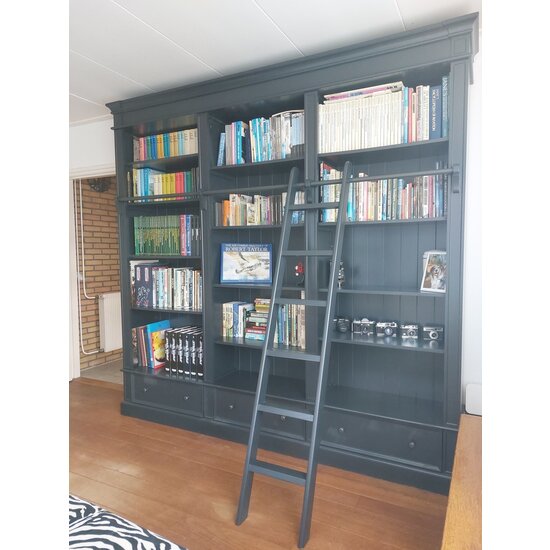 123schrank Brighton Bibliothek - Bücherregal - 250x40x240H cm - zerlegbar - mit Stange und Leiter - 12 verstellbare Einlegeböden - 3 Soft-Close-Schubladen