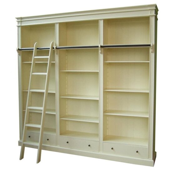 123schrank Brighton Bibliothek - Bücherregal - 250x40x240H cm - zerlegbar - mit Stange und Leiter - 12 verstellbare Einlegeböden - 3 Soft-Close-Schubladen