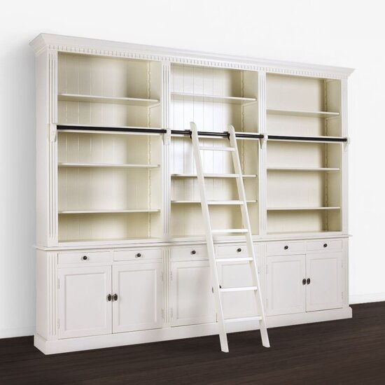 123schrank Privatbibliothek - Bücherregal - 300x43x240H cm - mit Stange und Leiter - verstellbare Einlegeböden - 15 Einlegeböden - 6 Schubladen - 6 geschlossene Flügeltüren