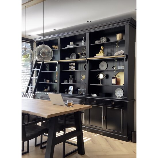 123schrank Privatbibliothek - Bücherregal - 300x43x240H cm - mit Stange und Leiter - verstellbare Einlegeböden - 15 Einlegeböden - 6 Schubladen - 6 geschlossene Flügeltüren