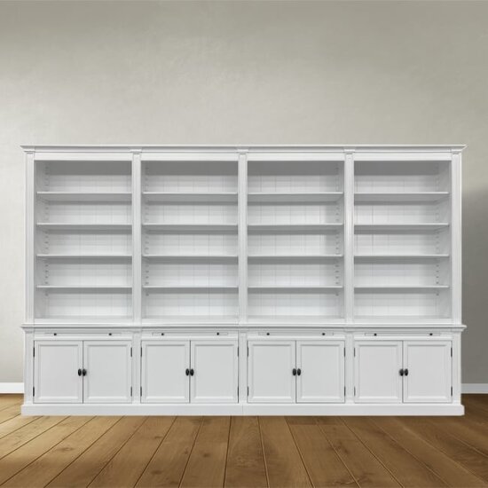 123schrank Bücherregal Melena del Sur - 400x43x240H cm - 20 Fachböden - 2 ausziehbare Fachböden - 8 geschlossene Flügeltüren - verstellbare Fachböden