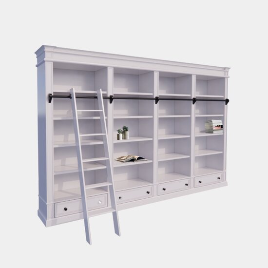 123schrank Brighton Bibliothek - Bücherregal - 330x40x240H cm - zerlegbar - mit Stange und Leiter - 330x40x240H cm - 16 verstellbare Einlegeböden - 4 Schubladen mit Soft Close