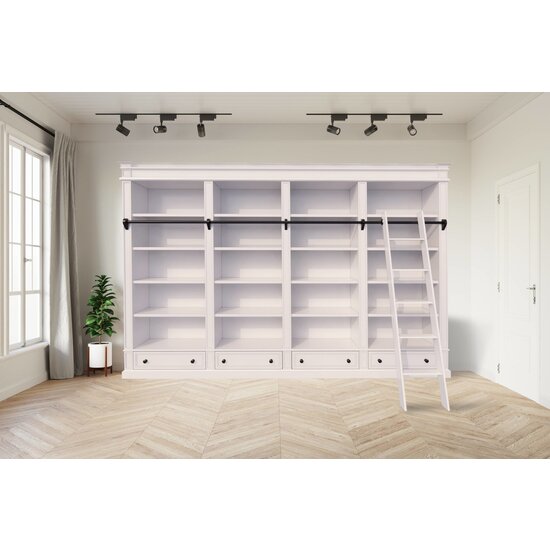 123schrank Brighton Bibliothek - Bücherregal - 330x40x240H cm - zerlegbar - mit Stange und Leiter - 330x40x240H cm - 16 verstellbare Einlegeböden - 4 Schubladen mit Soft Close