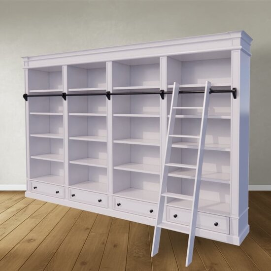 123schrank Brighton Bibliothek - Bücherregal - 330x40x240H cm - zerlegbar - mit Stange und Leiter - 330x40x240H cm - 16 verstellbare Einlegeböden - 4 Schubladen mit Soft Close