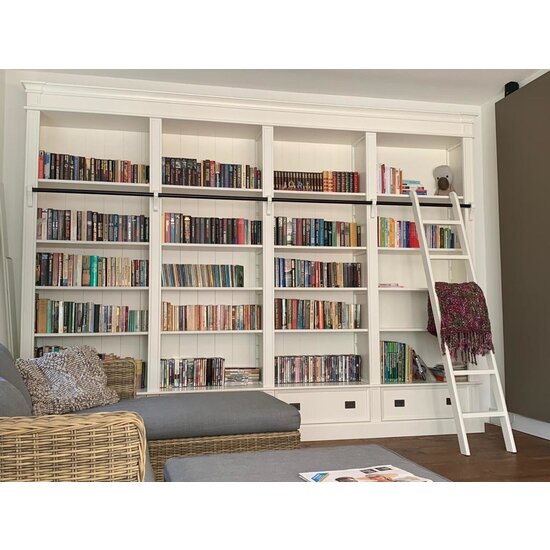 123schrank Brighton Bibliothek - Bücherregal - 330x40x240H cm - zerlegbar - mit Stange und Leiter - 330x40x240H cm - 16 verstellbare Einlegeböden - 4 Schubladen mit Soft Close