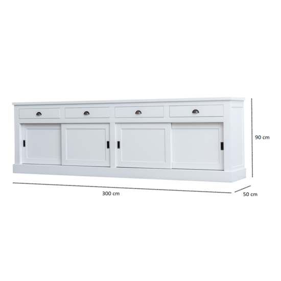 123schrank Sideboard Atlanta - 300x50x90H cm - 4 Soft-Close-Schubladen - 4 geschlossene Schiebetüren