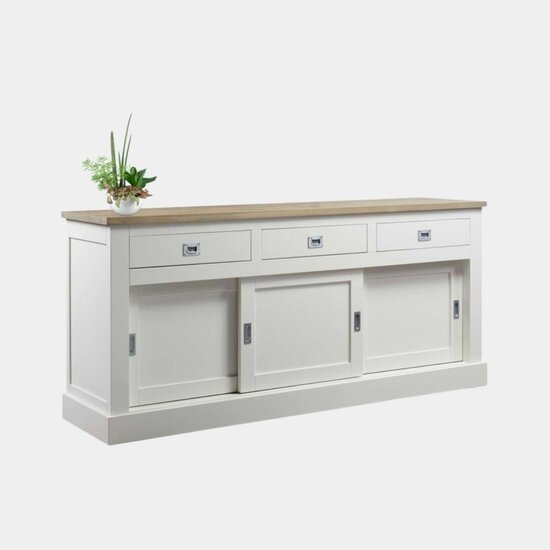123schrank Sideboard Brooklyn 01 - 200x46x90H cm - mit Eichenplatte - 3 Soft-Close-Schubladen - 3 geschlossene Schiebetüren