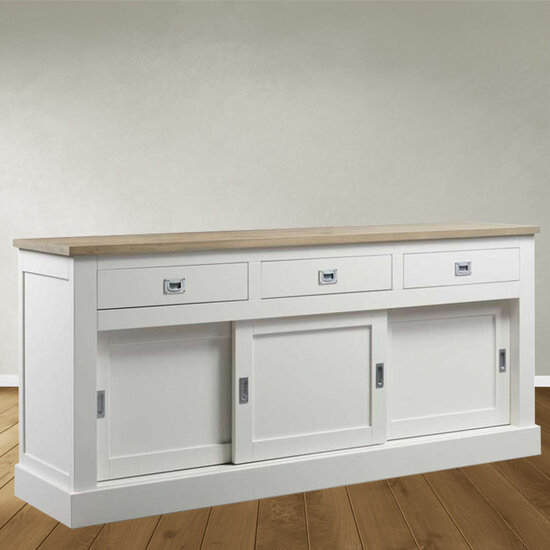 123schrank Sideboard Brooklyn 01 - 200x46x90H cm - mit Eichenplatte - 3 Soft-Close-Schubladen - 3 geschlossene Schiebetüren