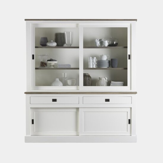 123schrank Buffetschrank Brooklyn 03 - 180x50x220H cm - schlichtes Design - Eichenplatte und Zwischenboden - 2 Glasschiebetüren - 2 Soft-Close-Schubladen - 2 geschlossene Flügeltüren