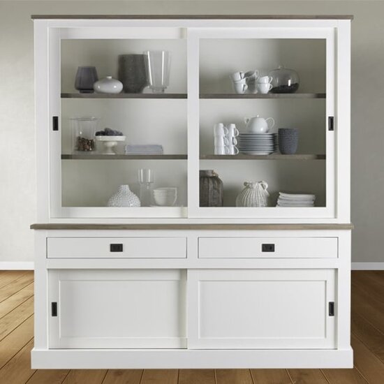 123schrank Buffetschrank Brooklyn 03 - 180x50x220H cm - schlichtes Design - Eichenplatte und Zwischenboden - 2 Glasschiebetüren - 2 Soft-Close-Schubladen - 2 geschlossene Flügeltüren