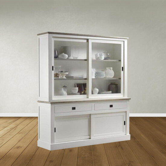 123schrank Buffetschrank Brooklyn 03 - 180x50x220H cm - schlichtes Design - Eichenplatte und Zwischenboden - 2 Glasschiebetüren - 2 Soft-Close-Schubladen - 2 geschlossene Flügeltüren