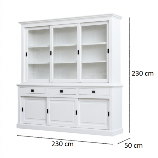 123schrank Buffetschrank Mexico - 230x50x230H cm - 3 Schiebetüren in der Vitrine - 3 Schubladen - 3 geschlossene Schiebetüren