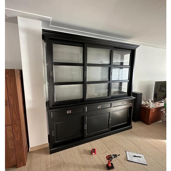 123schrank Buffetschrank Miami Beach - 220x53x218H cm - 3 Schiebetüren für Vitrinen - 3 Schubladen - 3 geschlossene Schiebetüren - Glasseiten
