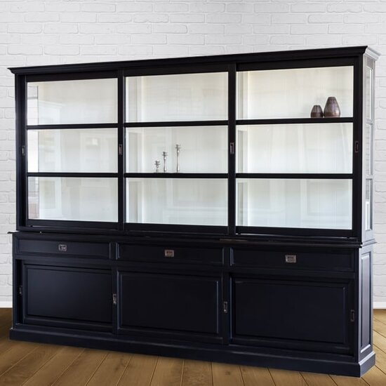 123schrank Buffetschrank Miami Beach - 220x53x218H cm - 3 Schiebetüren für Vitrinen - 3 Schubladen - 3 geschlossene Schiebetüren - Glasseiten