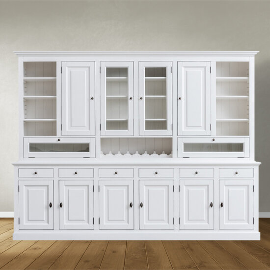 123schrank Buffetschrank Capri - 300x45x230H cm - 2 Schranktüren - 8 geschlossene Flügeltüren - 2 Klappen - 6 Schubladen - mit Weinregal - verstellbare Einlegeböden
