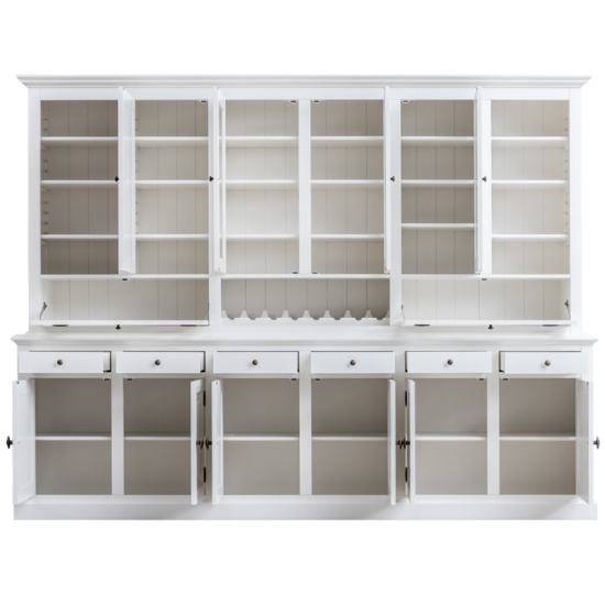 123schrank Buffetschrank Capri - 300x45x230H cm - 2 Schranktüren - 8 geschlossene Flügeltüren - 2 Klappen - 6 Schubladen - mit Weinregal - verstellbare Einlegeböden