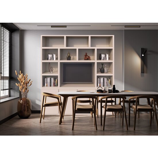 123schrank Manhattan 05 Fächerschrank - 220x40x240H cm - schlankes Design - 4 push-to-open Türen - offene Fächer - Cinewall - mit TV Kabelloch - grifflose Türen - 5cm Fachbodenstärke