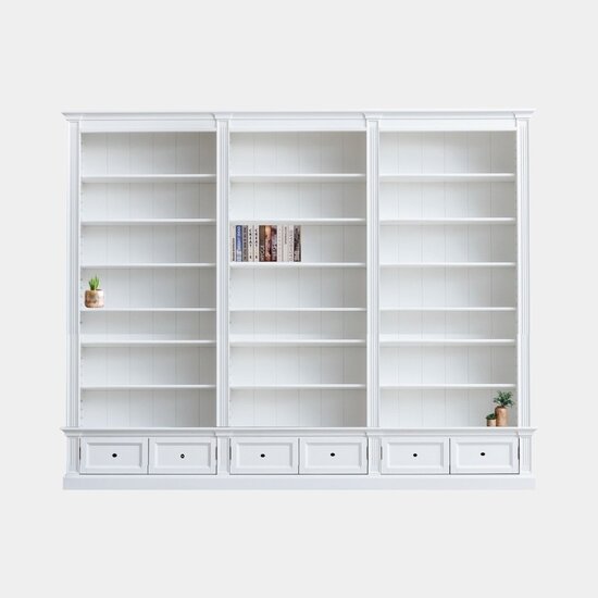 123schrank Classy Library Bücherregal - 300x43x240H cm - 18 verstellbare Bücherregale - 6 Schubladen