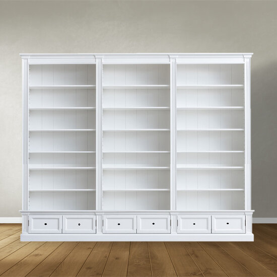 123schrank Classy Library Bücherregal - 300x43x240H cm - 18 verstellbare Bücherregale - 6 Schubladen
