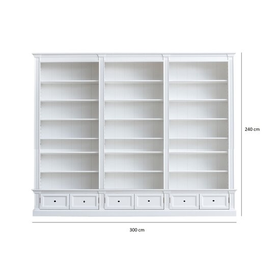 123schrank Classy Library Bücherregal - 300x43x240H cm - 18 verstellbare Bücherregale - 6 Schubladen