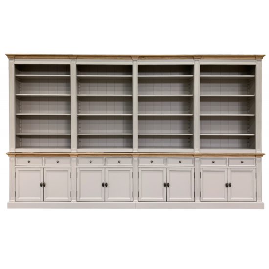 123schrank Bücherregal Modern Library - 400x43x240H cm - mit Eichenplatte und Mittelrahmen - 8 Flügeltüren - 8 Schubladen - verstellbare Einlegeböden