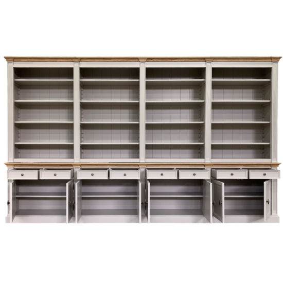 123schrank Bücherregal Modern Library - 400x43x240H cm - mit Eichenplatte und Mittelrahmen - 8 Flügeltüren - 8 Schubladen - verstellbare Einlegeböden