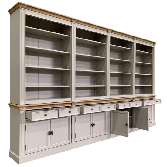 123schrank Bücherregal Modern Library - 400x43x240H cm - mit Eichenplatte und Mittelrahmen - 8 Flügeltüren - 8 Schubladen - verstellbare Einlegeböden