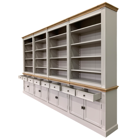 123schrank Bücherregal Modern Library - 400x43x240H cm - mit Eichenplatte und Mittelrahmen - 8 Flügeltüren - 8 Schubladen - verstellbare Einlegeböden