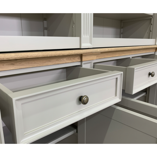 123schrank Bücherregal Modern Library - 400x43x240H cm - mit Eichenplatte und Mittelrahmen - 8 Flügeltüren - 8 Schubladen - verstellbare Einlegeböden