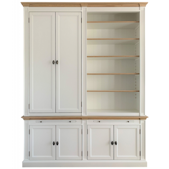 123schrank Bücherregal Moon - 200x43x240H cm - mit Eiche - 6 geschlossene Flügeltüren - 2 ausziehbare Fachböden - verstellbare Fachböden