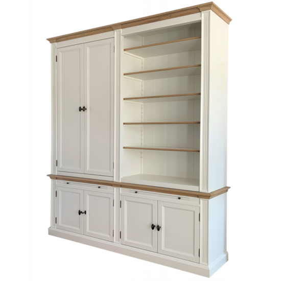 123schrank Bücherregal Moon - 200x43x240H cm - mit Eiche - 6 geschlossene Flügeltüren - 2 ausziehbare Fachböden - verstellbare Fachböden