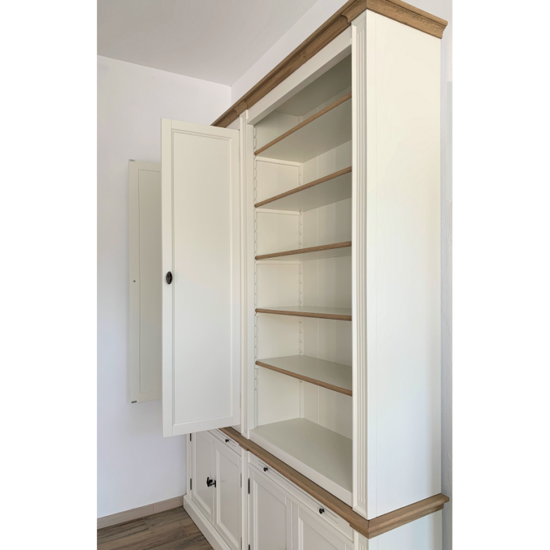 123schrank Bücherregal Moon - 200x43x240H cm - mit Eiche - 6 geschlossene Flügeltüren - 2 ausziehbare Fachböden - verstellbare Fachböden