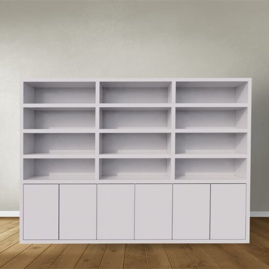 123schrank Bücherregal / Regalschrank Stellenbosch - 300x40x220H cm - schlankes Design - 6 grifflose Türen - offene Regale