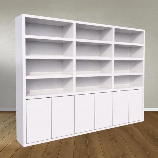 123schrank Bücherregal / Regalschrank Stellenbosch - 300x40x220H cm - schlankes Design - 6 grifflose Türen - offene Regale