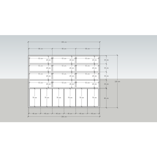 123schrank Bücherregal / Regalschrank Stellenbosch - 300x40x220H cm - schlankes Design - 6 grifflose Türen - offene Regale